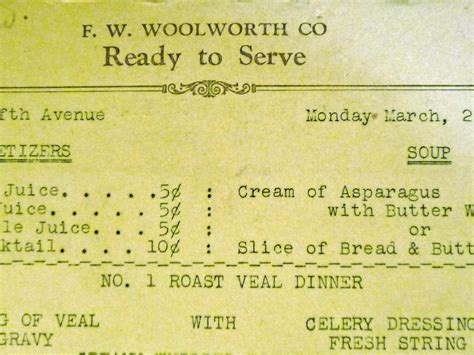 1938 F.W. WOOLWORTH Lunch Counter MENU. 5 Days of menus.