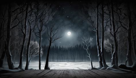 Dark abstract winter forest background. Wooden floor, snow, fog. Dark ...