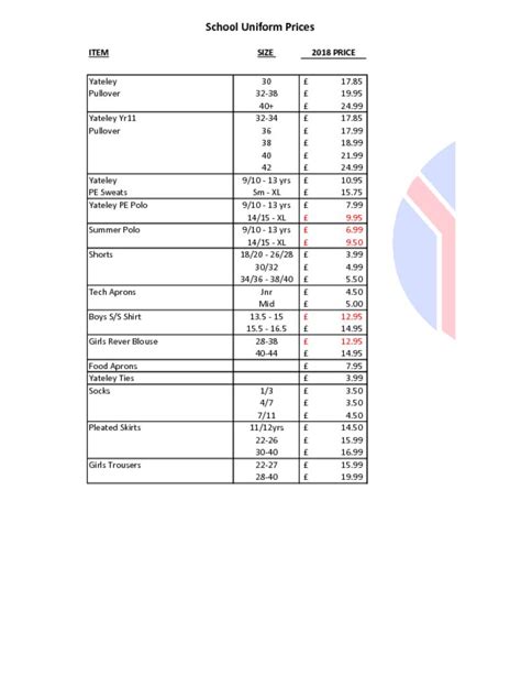 Yateley Uniform Price List 2018 - Yateley School