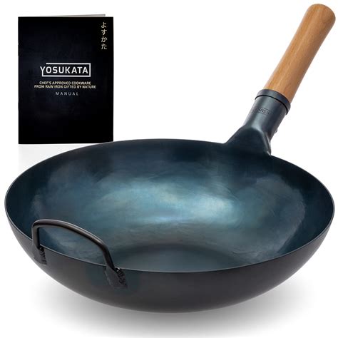 YOSUKATA Flat Bottom Wok Pan - 13.5" Blue Carbon Steel Wok ...