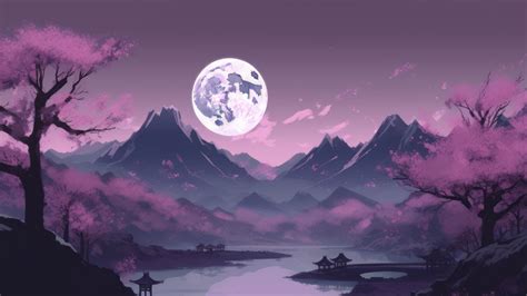 Moon Purple Japanese Painting AI Generated 4K Wallpaper - Elevate Your ...