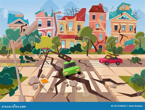 Earthquake City Panorama Vector Illustration. Damaged House, Cars And ...