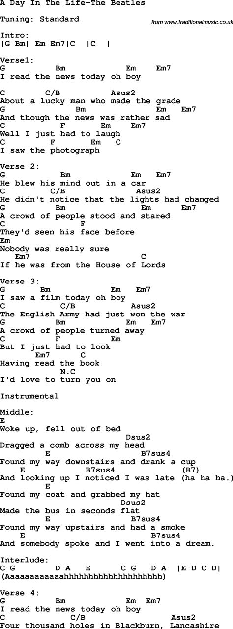 Protest song: A Day In The Life-The Beatles lyrics and chords"