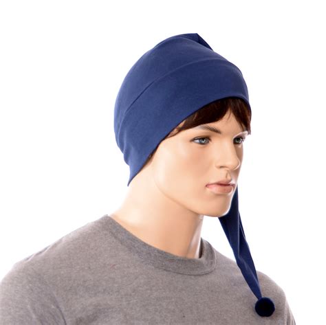 Night Cap Navy Blue Pointed Nightcap with Pompom Cotton Adult Men Women