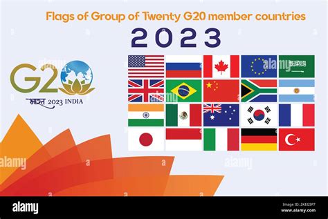 Flags of Group of Twenty G20 member countries with banner G20 2023 ...