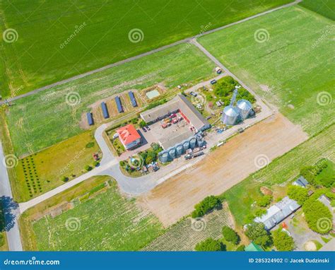 Aerial View of Farm, Red Barns, Corn Field in September. Harvest Season ...