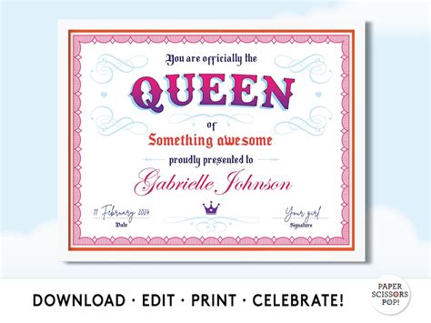 Editable the Queen Certificate, Printable Custom Award Certificate, Fun ...