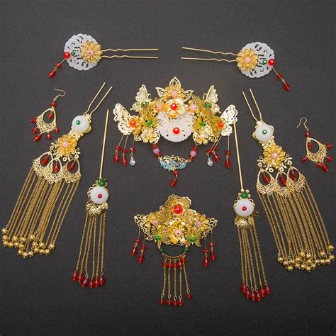 Handmade Chinese Ancient Wedding Jewelry Set Bride Headwear Golden ...