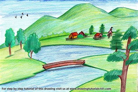 Landscape House Drawing Colour : How to draw a landscape, drawing ...