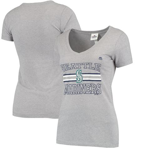 Women's Seattle Mariners Majestic Heathered Gray Striped-Out V-Neck T-Shirt