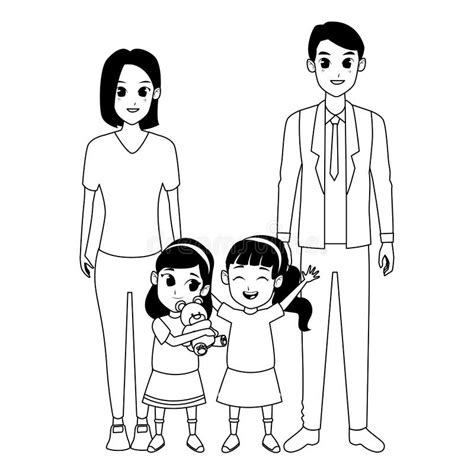 Family Parents and Childrens Cartoons in Black and White Stock Vector ...