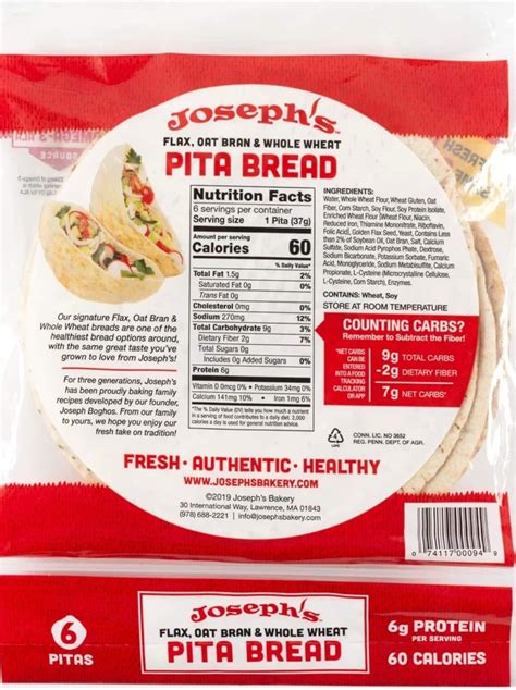 Josephs: Flax, Oat Bran & Whole Wheat Flour Pita Bread, 8 Oz 8 Ounce ...