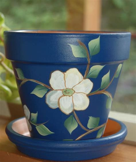 Hand Painted Clay Flower Pot Gentle White Dogwood Flowers and Branches ...