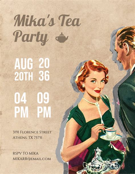 Brown Simple Vintage Classic Retro Tea Party Invitation