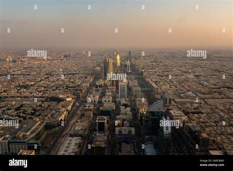 View of skyline of Riyadh, Saudi Arabia at sunset from the Skybridge of ...