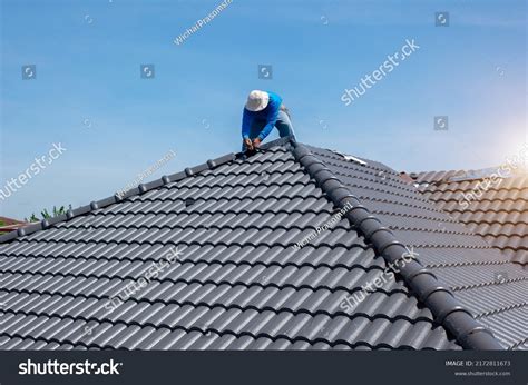 Roofer Work Installing Clay Roof Tilesconstruction Stock Photo ...