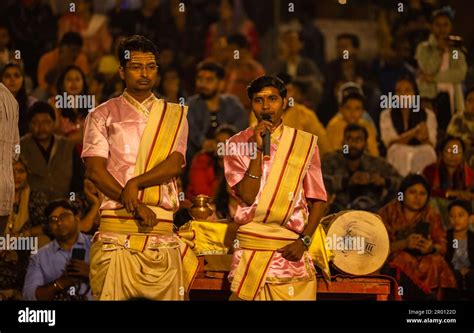 Ganga aarti, Portrait of an young priest performing river ganges ...