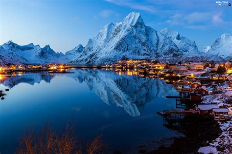 Reine Village, Norwegian Sea, light, winter, Mountains, Lofoten, Norway ...