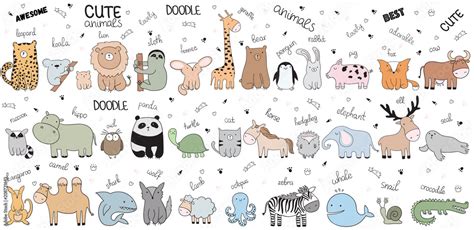 Vector cartoon big set of cute doodle animals Stock Vector | Adobe Stock