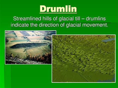 Drumlin Streamlined hills of glacial till – drumlins indicate the ...