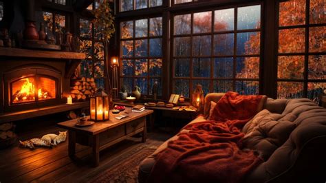 Rainy Autumn Day with Crackling Fireplace in a Cozy Hut Ambience ...