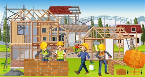 House construction site with workers cartoon 7092683 Vector Art at Vecteezy