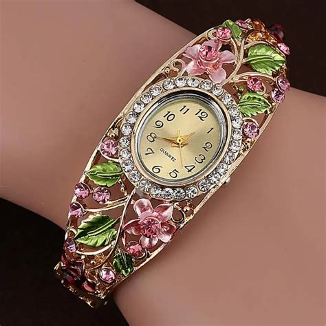 Bangle Watches Gold Plated Crystal Flower Women Bracelet Dress Quartz ...