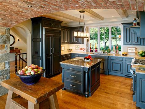 Rustic Kitchen with Exposed Brick and Blue Cabinets | Rustic kitchen ...