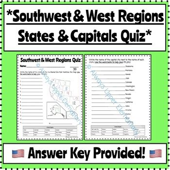 West & Southwest Regions States & Capitals Social Studies Quiz! With ...