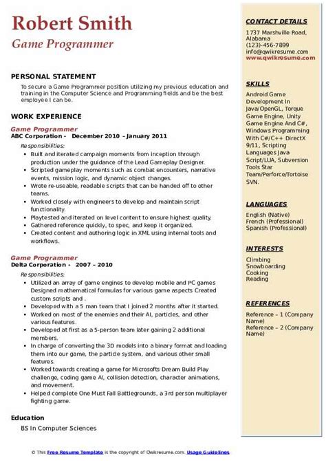 Game Programmer Resume Samples | QwikResume