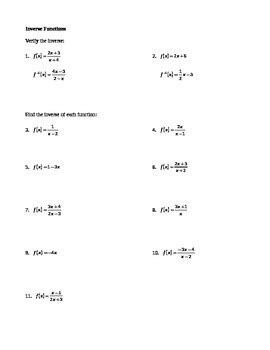 Inverse Functions Worksheet by Sarah Dragoon | TPT