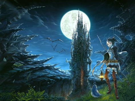 Otherworld, moon, girl, anime, castle, night, HD wallpaper | Peakpx