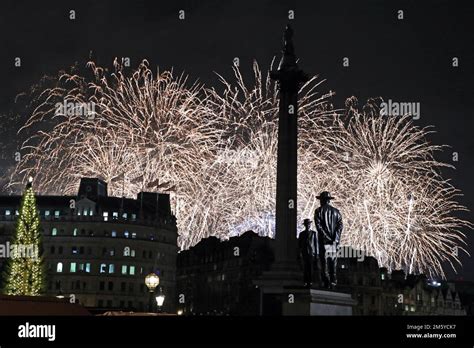 London, UK. 1st Jan, 2023. New Year fireworks in London with Nelson's ...