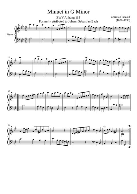 Minuet in G Minor, Bach sheet music download free in PDF or MIDI