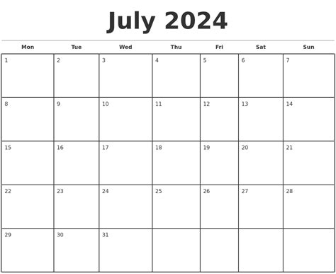 July 2024 Monthly Calendar Template