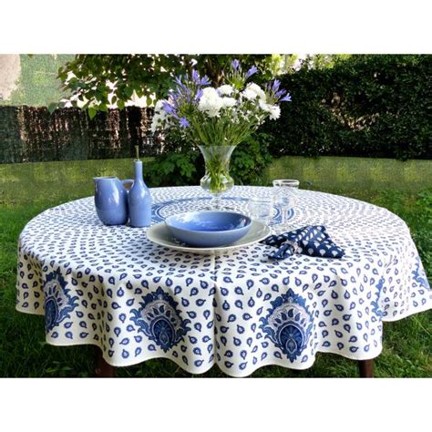 Nappe Ronde Provençale diamètre 180 Blanche motifs bleus