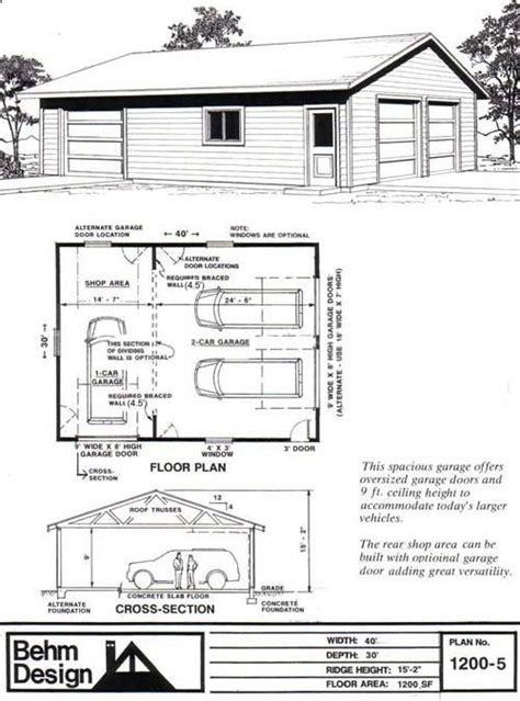 Two Car Garage With Rear Bay / Shop Plan 1200-5 30 x 40 by Behm Design ...