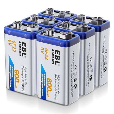 EBL 6-Pack 600mAh 9V Li-ion Rechargeable Batteries Volt Lithium-ion ...