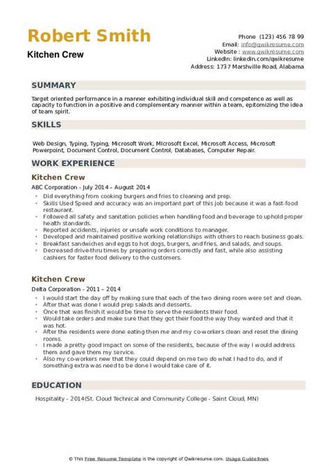 Kitchen Crew Resume Samples | QwikResume