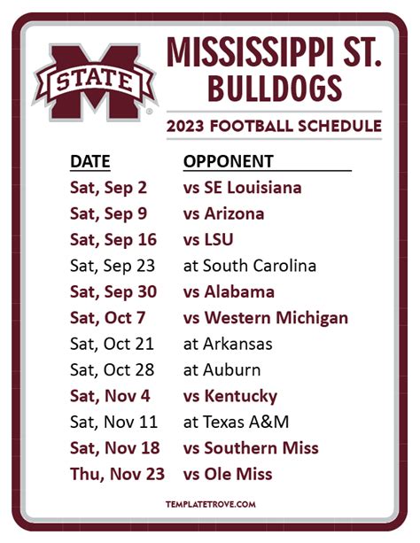 Printable 2023 Mississippi State Bulldogs Football Schedule