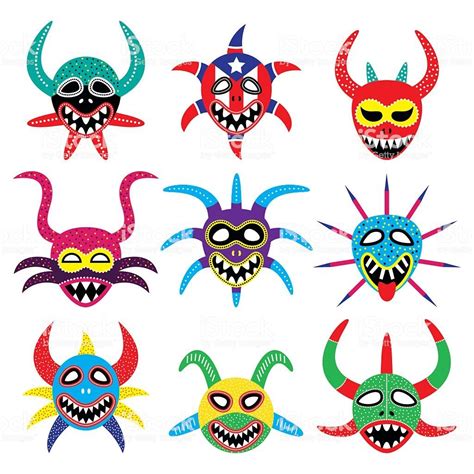 Vector icons set of Puerto Rican carnival masks isolated on white ...