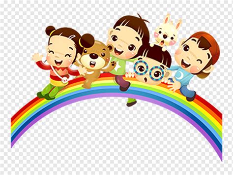 Cuatro niños montados en la ilustración del arco iris, juegos de niños ...