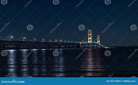 Mackinac Bridge at night. stock photo. Image of peninsula - 222776594