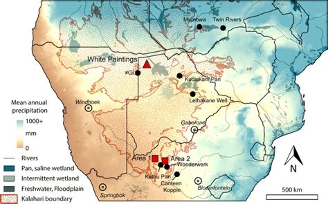 Map of Kalahari Desert boundary, major cities, annual rainfall, and ...