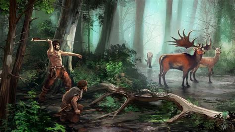 Depiction of a Megaloceros hunt in Upper Paleolithic Europe by Ramon ...