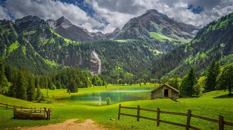 Alps Fence Forest Lake Switzerland Waterfall 4K Nature HD desktop ...