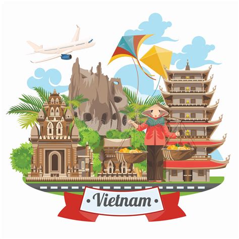 Travel to Vietnam poster with airplane. Set of traditional Vietnamese ...