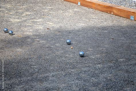 Petanque balls in the playing field, Ball of petanque is iron for a ...