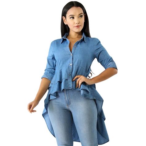 Summer Denim Shirts Long Sleeve Blue Jeans Asymmetrical Ruffle Blouse ...