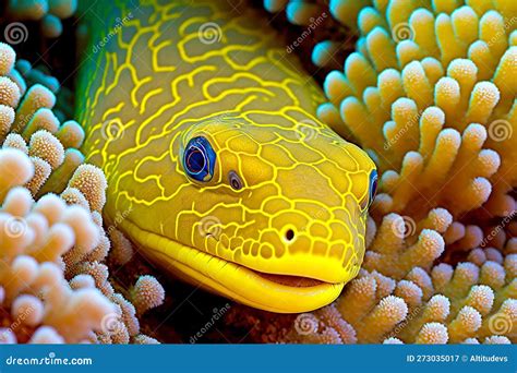 Bright Yellow Moray Eel Hides in Corals that Have Grown on Ocean Bottom ...